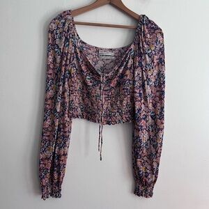 Urban Outfitters Cropped Peasant Floral Smoked Puff Balloon Sleeve Top